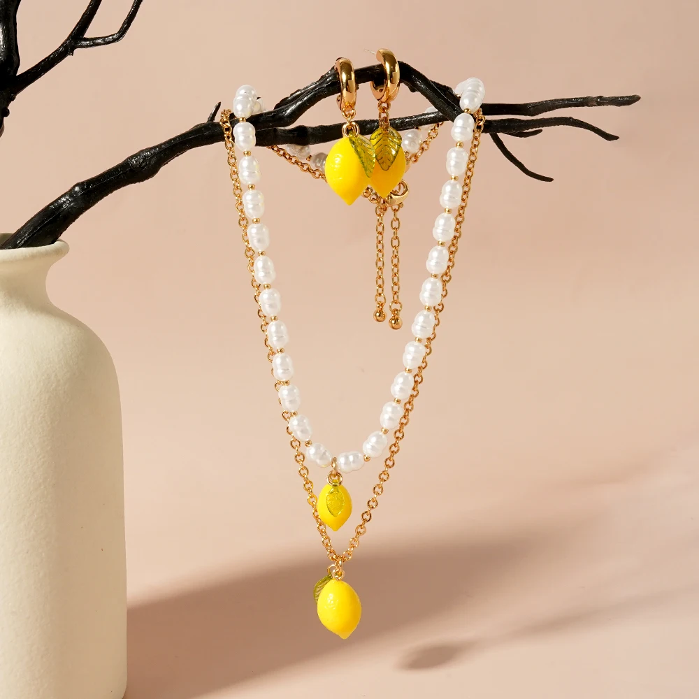 

Y2K Yellow Lemon Charm Pearl Necklaces For Women Summer Pastoral Beaded Cute Christamas Funny Creative Fruit Jewelry