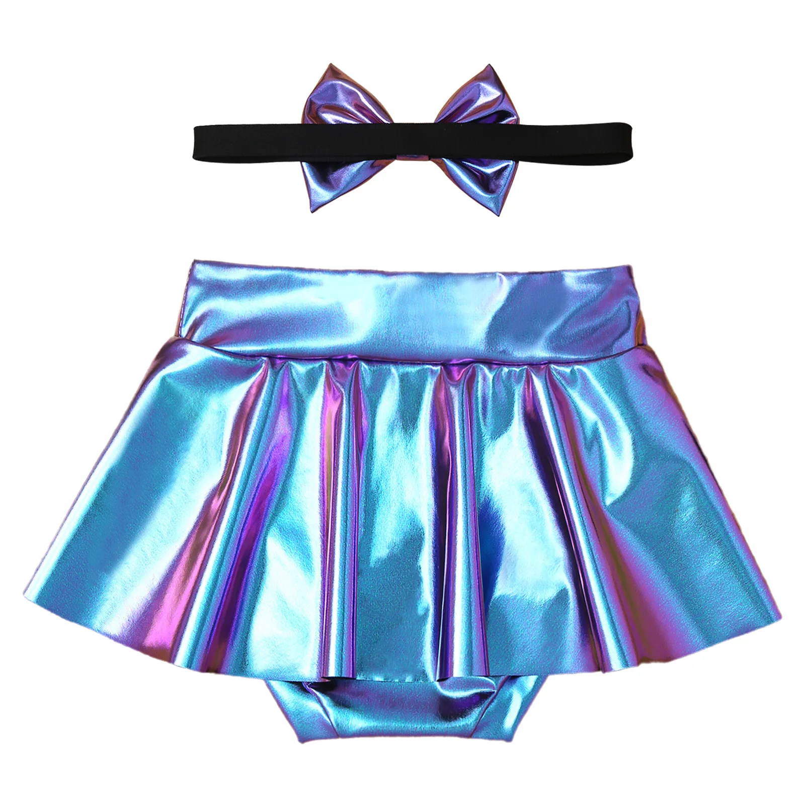 Newborn Infant Baby Girls PU Mini Skirts Metallic Shiny Diaper Cover Skirt with Bowknot Headband for Birthday Party Photography