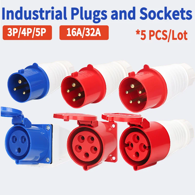 

5Pcs Industrial Plug and Socket Waterproof Connector 3PIN 4PIN 5PIN 16A/32A Waterproof Electrical Connection Wall Mount Socket