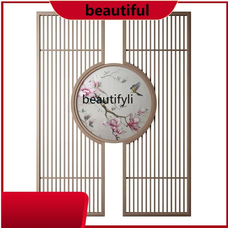 Chinese floor-to-ceiling screen partition living room entrance solid wood translucent yarn entrance simple seat screen  H