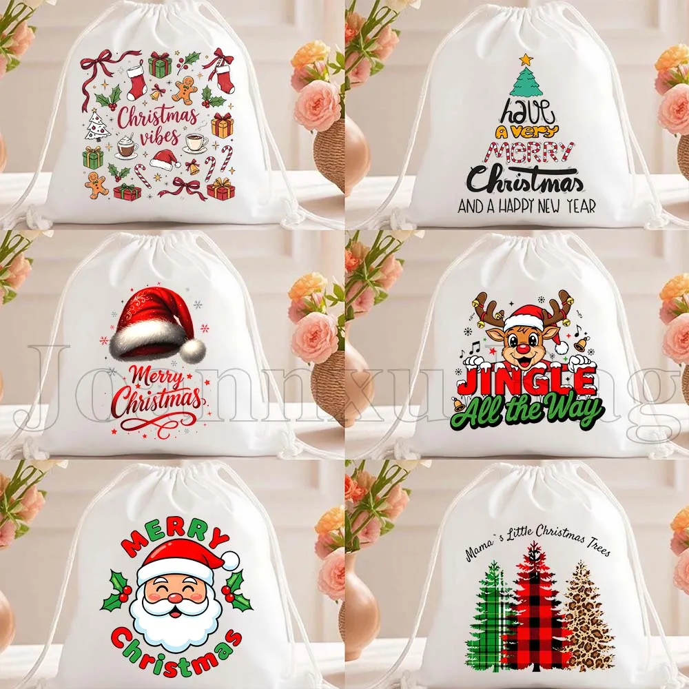 

Merry Christmas Reindeer Santa Hat Festive Holiday Gifts Canvas Drawstring Backpack Sports Gym Sackpack String Bag for Running