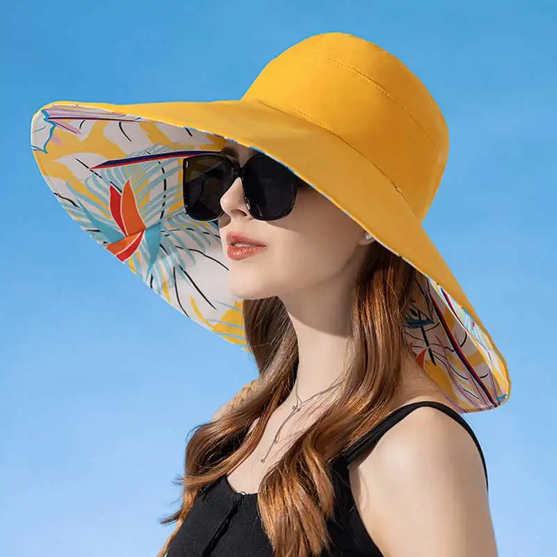 18cm Large Brim Women Sun Hat Luxury Double Sided Wearable Plant Printing Cotton Bucket Cap Light Breathable Summer Top Hat