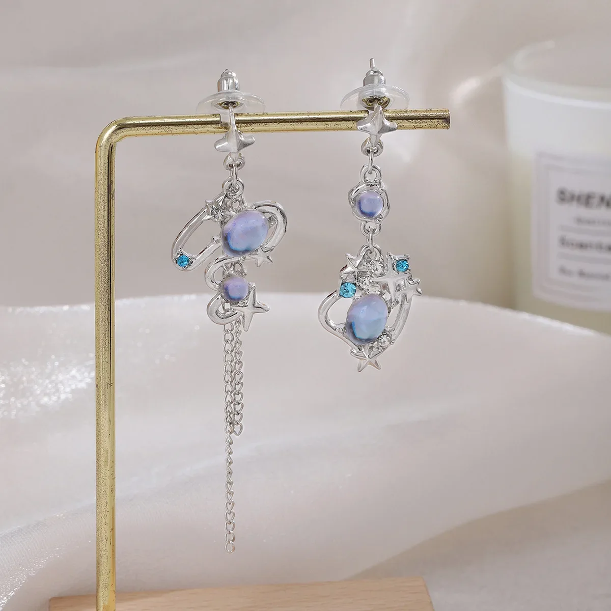 Fashion Blue Diamond Star Stud Earrings Silver Cable Chain Tassel Stud Earring for Women Seaside Vacation Beach Party Jewelry