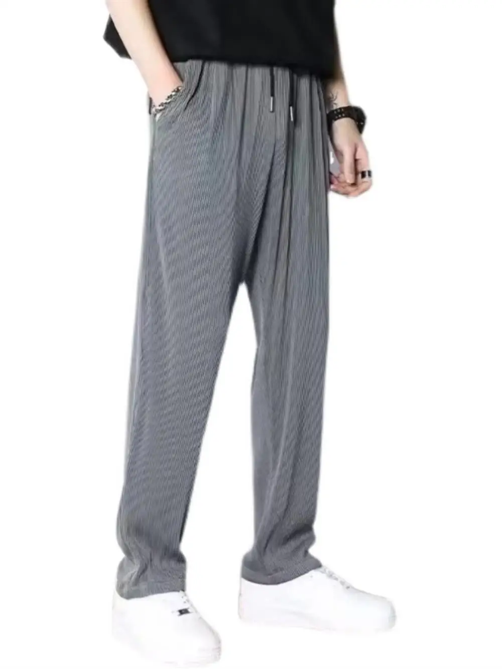 Men's Summer Breathable Ice Silk Cool Straight Leg Elastic Wide Loose Casual Thin Spor Pants High Waist Polyester Fiber