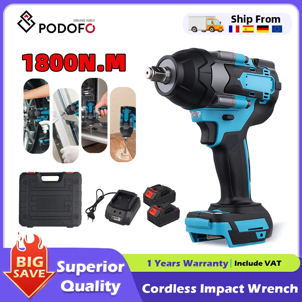 Llave de impacto eléctrica inalámbrica sin escobillas Podofo de 700N.m, destornillador manual, herramienta de reparación de automóviles, compatible con baterías Makita.