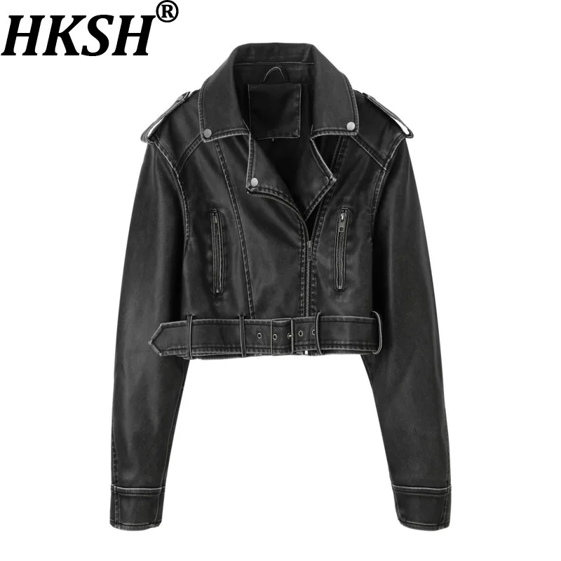 HKSH Women PU Leather Jacket Washed Turn-Down Collar Zippers Sashes Design Dark Patchwork Punk Trendy Fashion Short Coat HK27386