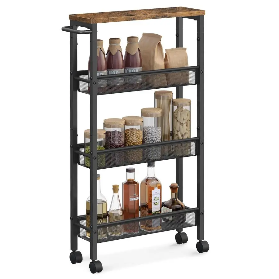 

Slim Rolling Cart, 4Tier Narrow Storage Cart with Handle, 5.1 Inches Deep, Metal Frame, for Kitchen, Dining Room, Living Room,