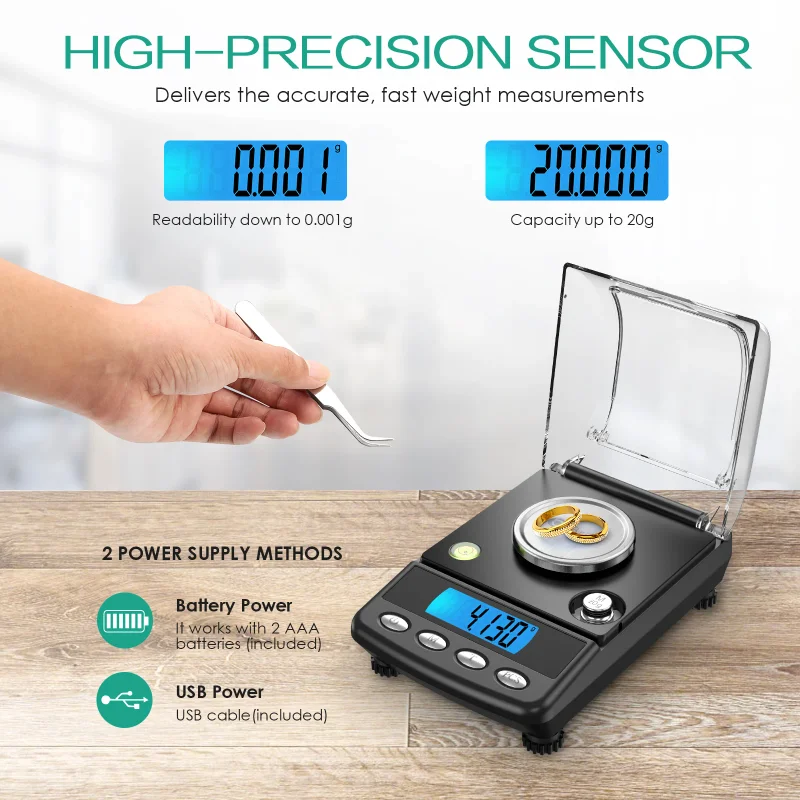 

0.001g Precision Digital Jewelry Scale 20g USB Powered Electronic Weighing Scale LCD Mini Lab Balance 0.001g Electronic Scales