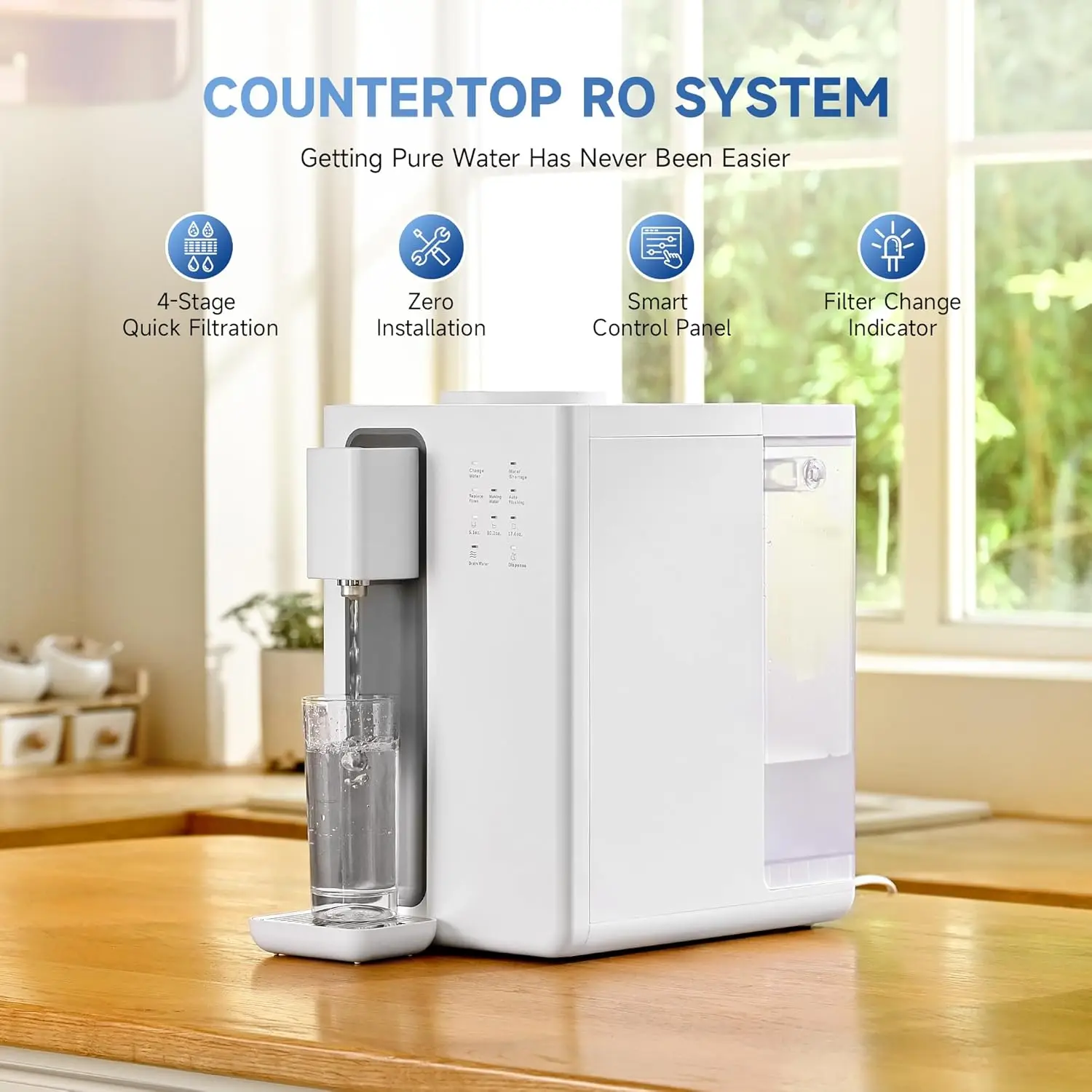 Countertop Reverse Osmosis Water Filter 4-Stage Portable Water Purifier Dispenser with 3 Preset Volume Options,3:1 Pure to Drain