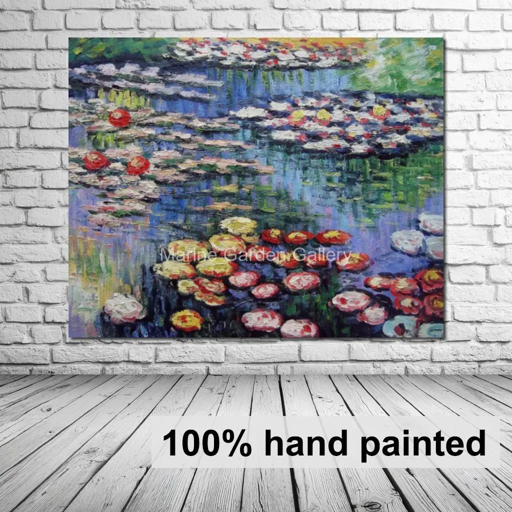 Water Lilies Pink Claude Monet Oil Painting Handmade Canvas Wall Art Large Masterpiece Contemporary Wall Decor for Hallway
