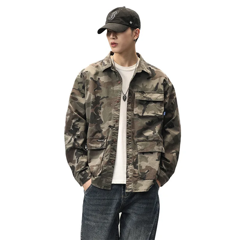 Washed Cotton Camouflage Cargo Shirt Men Durable Outdoor Hiking Long Sleeve Shirt Male Sport Casual Outwear Camicia lapel collar