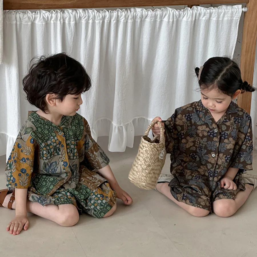 2026 Summer Unisex Kids Floral Shirt 2Pcs Set Retro Vintage Casual Outdoor Breathable Toddler Daily Fashion Matching Outfit