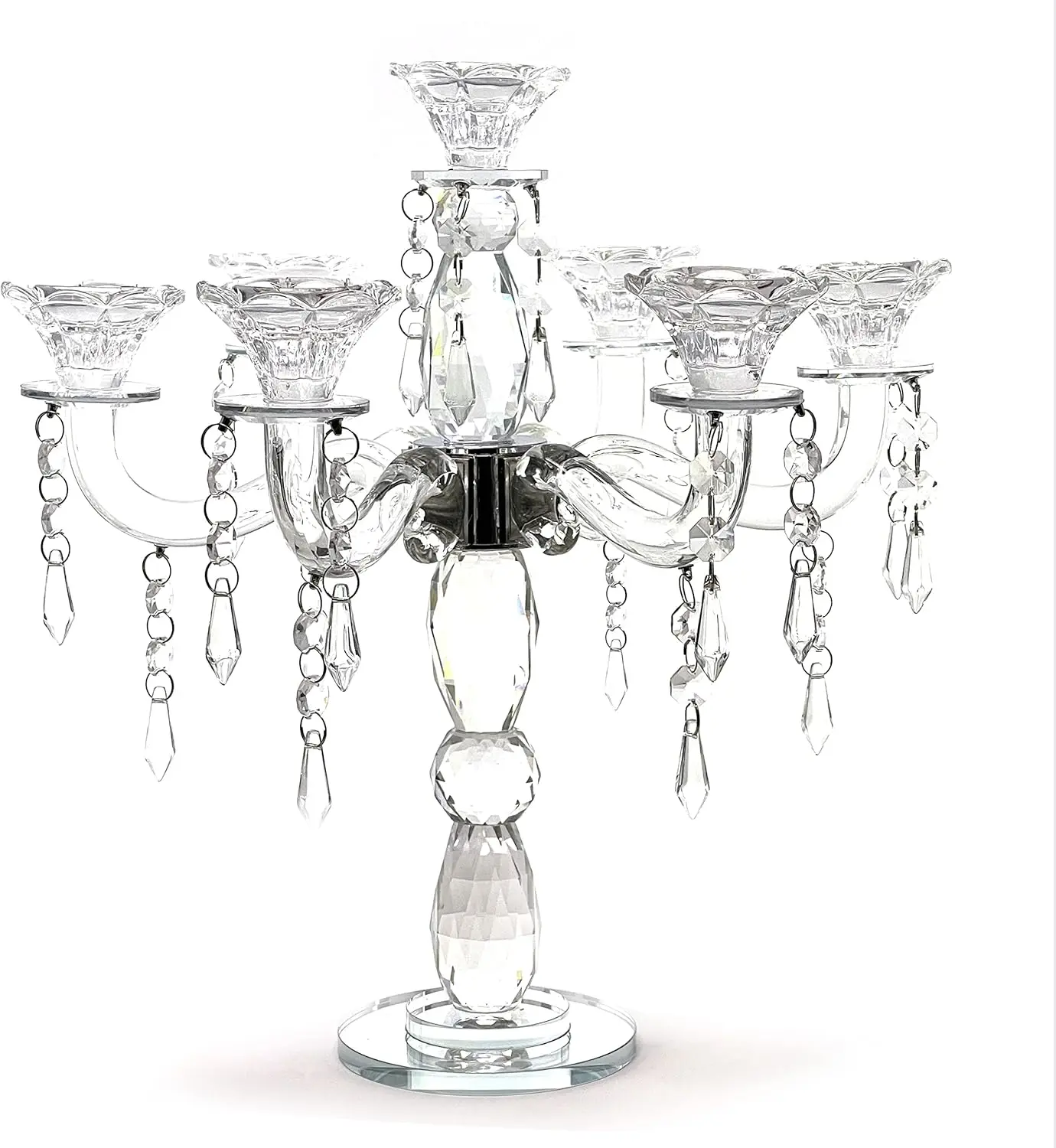 Crystal Candle Holder - 7-Arm 14 Inch Crystal Taper Candlestick Candelabra - Centerpiece for Home Wedding Event and Party Festiv