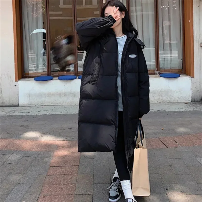 2024 New Winter Coat X-long Cotton Padded Parkas Women Hooded Warm Thicken Casual Overcoat Loose Snow Wear Solid Outwear Jacket