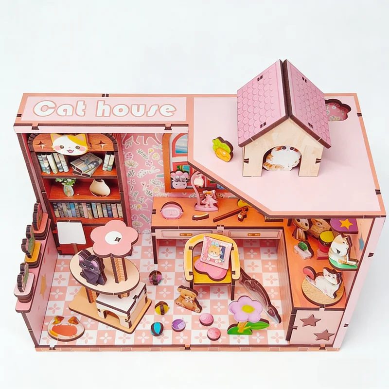 OUZEY Kitten Cottage miniatura DIY, rompecabezas de madera 3D y rincón de libros, lindo regalo de decoración de habitación para niñas adolescentes