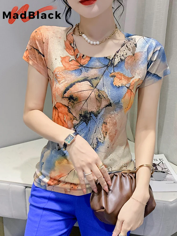 MadBlack Summer European Clothes T-Shirt Fashion Print Cartoon Leaves Women Tops Short Sleeve Street Casual Tees 2022 New T26405