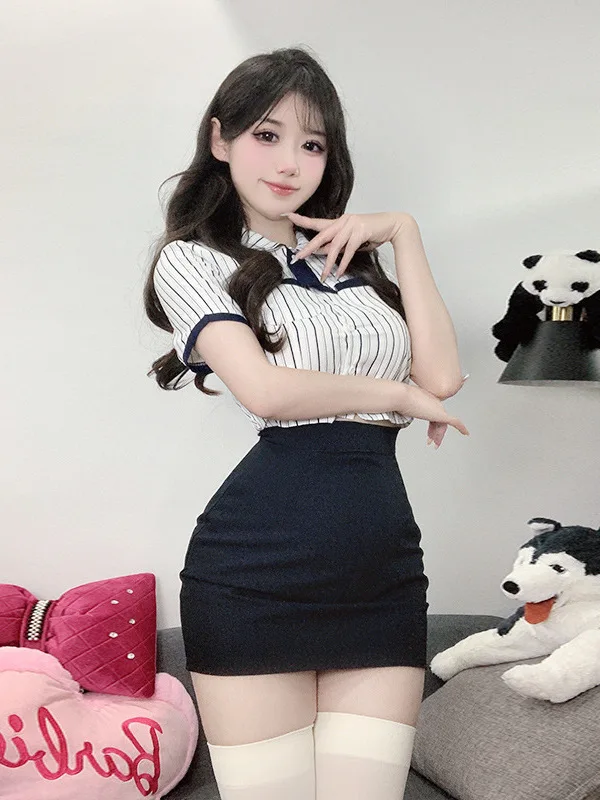 Sexy 2025 New College Style Uniform Set Women's Short Sleeve Lapel Striped Shirt+high Waist Wrap Hip Skirt Two Pieces Set JYLZ
