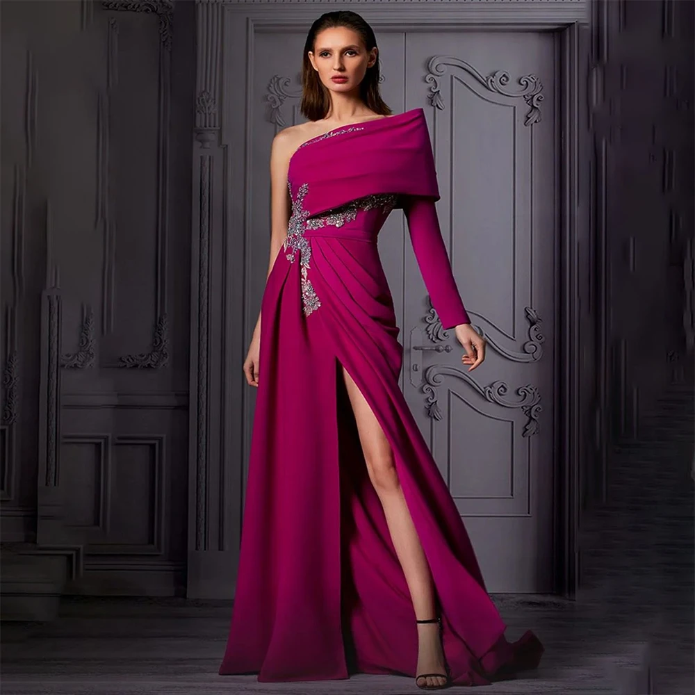 

Fuchsia Evening Dress Customized One Shoulder Long Sleeves Sequined Appliqued Jersey Evening Gowns Mermaid Slit Party Dress