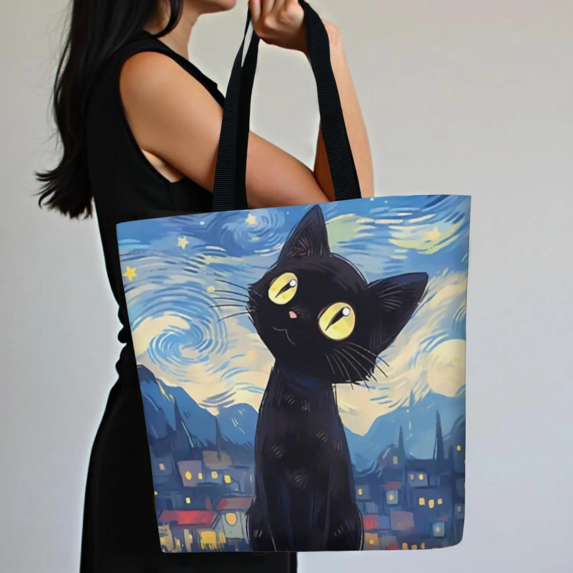 

Женская большая сумка «Звездная ночь», маленькая кошка, большая вместительная сумка на одно плечо, многоразовая модная холщовая сумка для покупок с принтом