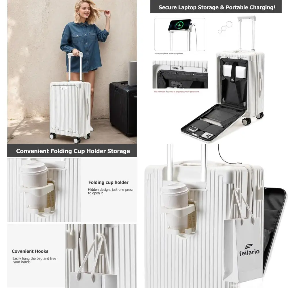 

20 Aluminum Frame Hardside Spinner Luggage with Zip Closure, TSA Lock, Cup & USB Holder, White