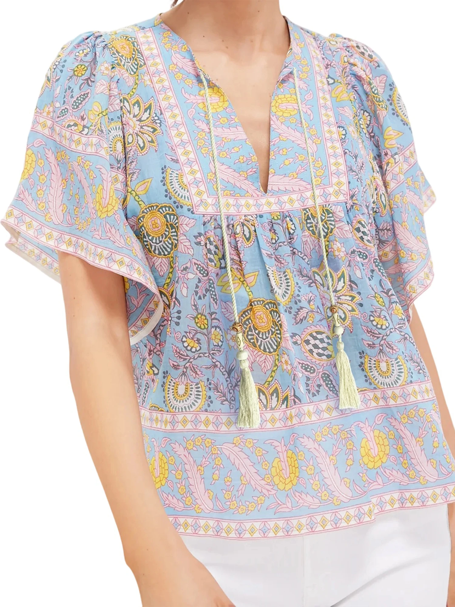 

Женские топы в стиле бохо с цветочным принтом и завязками с кисточками и v-образным вырезом, рубашки с короткими развевающимися рукавами, повседневная летняя уличная одежда