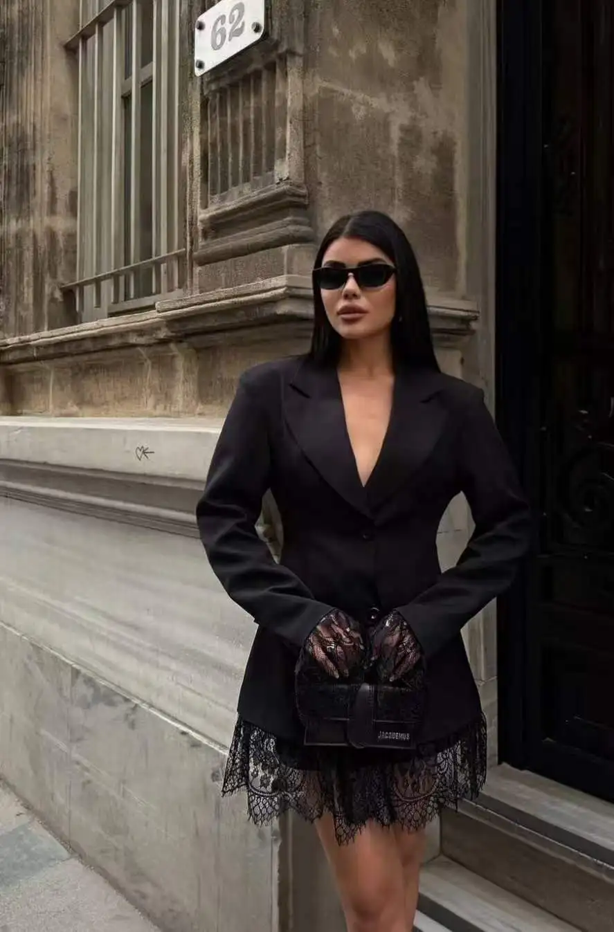 Women Black Long Blazer Notched Lapel Long Sleeve Lace Splice Hem & Cuff Single Breasted Slim Fit Suit Jacket For Party Club Str