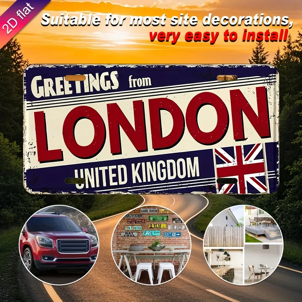 Vintage London Metal License Plate Wall Decor -  UV Printed Aluminum Sign, for Home, Cafe, Restaurant, Indoor/Outdoor Use, with