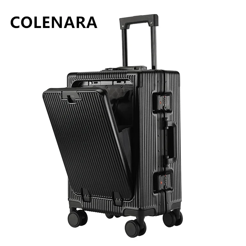 COLENARA 20"24Inch Laptop Luggage Aluminum Frame Boarding Box Front Opening Trolley Case USB Charging with Wheels Suitcase