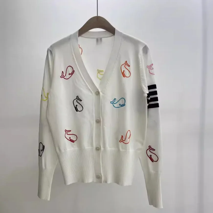 Whale Embroidery Sweater For Women White Color Cartoon Striped Knit Cardigan Coat Full Sleeves Elegant Jacket Jumper