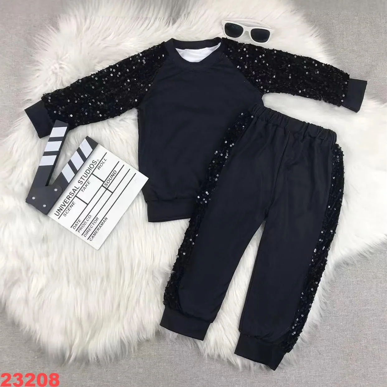 طقم سراويل رياضية سوداء لامعة باللون الأحمر بأكمام طويلة للأولاد والبنات أداء الرقص وحفلات الهالوين شحن سريع #2