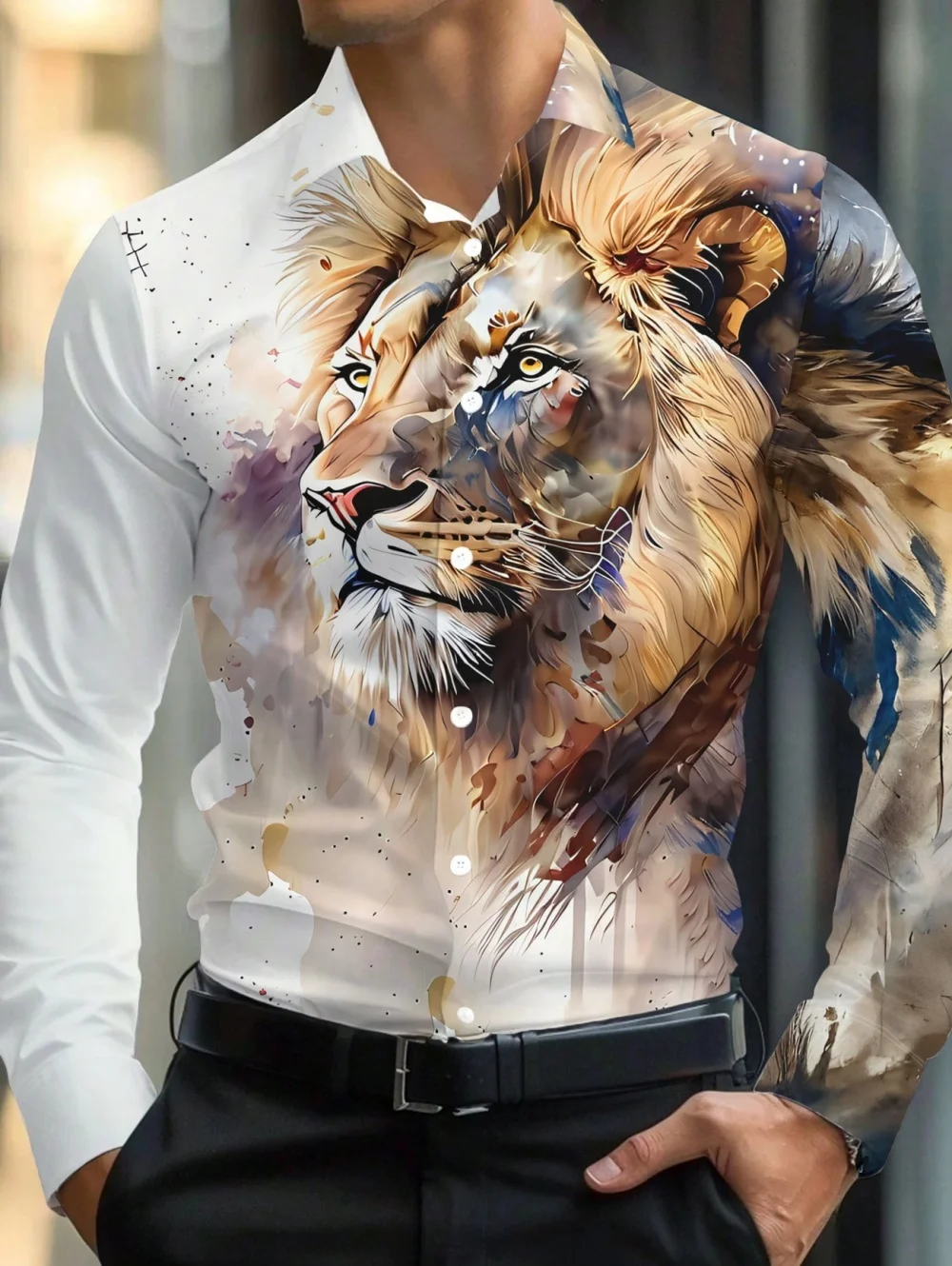 

Men's Fashion Long Sleeved Shirts Animal Print Cool Lion Pattern Spring Autumn Casual Streetwear Vintage Shirt Men's Lapel Top