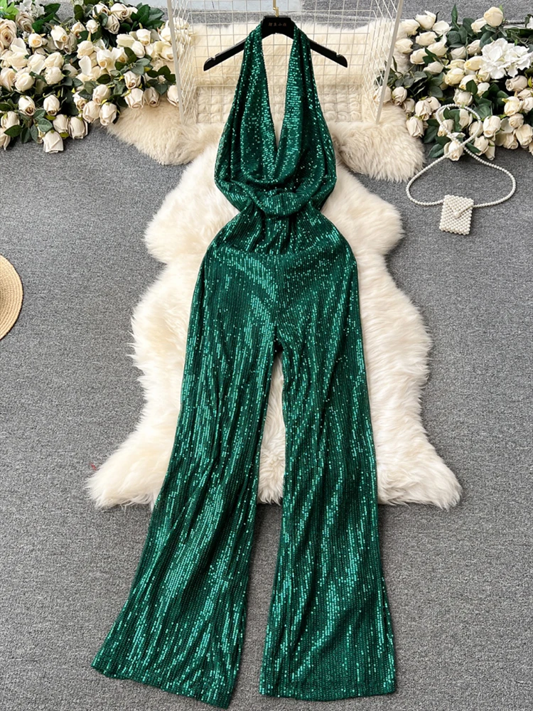 Light Luxury High-end Sequin Jumpsuit Fashion Halter Neck Swing Collar Backless Sexy Solid Bodycon Senior Long Romper