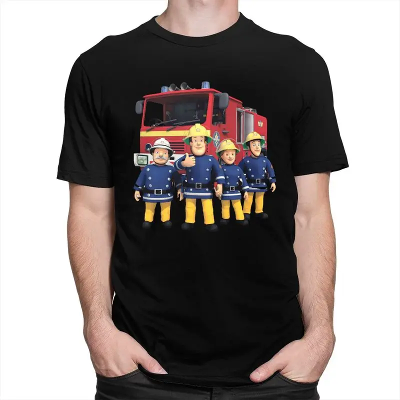 Custom Fireman Sam T Shirt for Men Pure Cotton Tshirt Leisure Tee Short Sleeve Cartoon Firefighter T-shirt Clothing Gift
