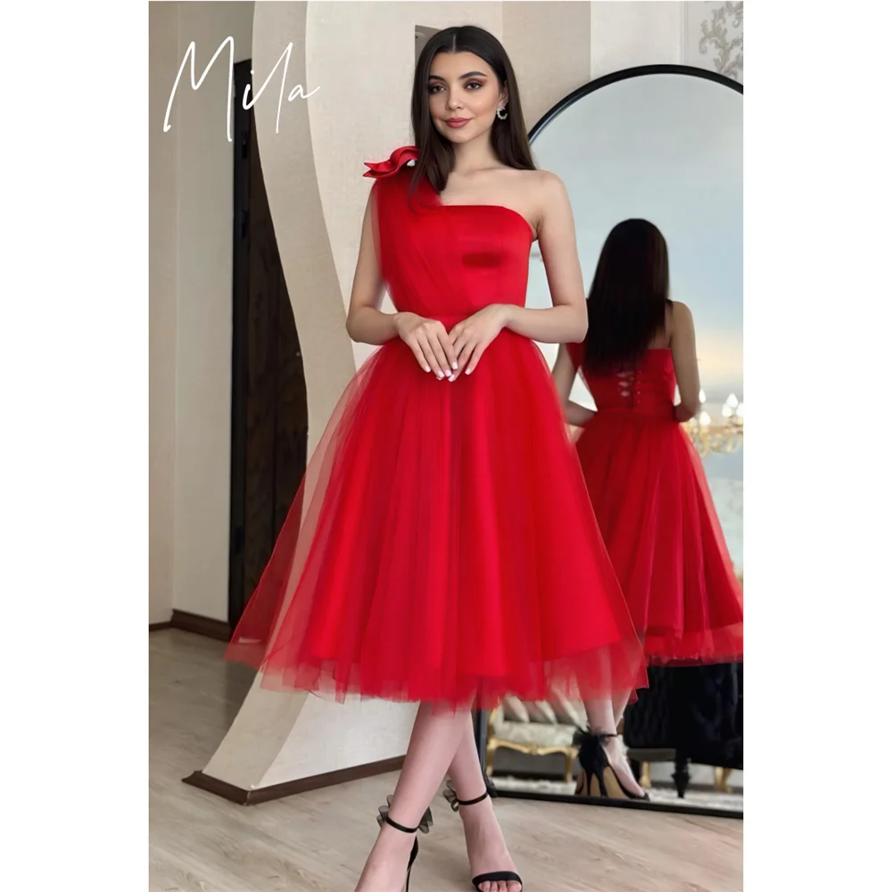 

Mila Red One Shoulder Customized Party Dresses Elegant Waist Cinching Party Dresses A-Line Mesh Shoulder Strap Evening Dresses