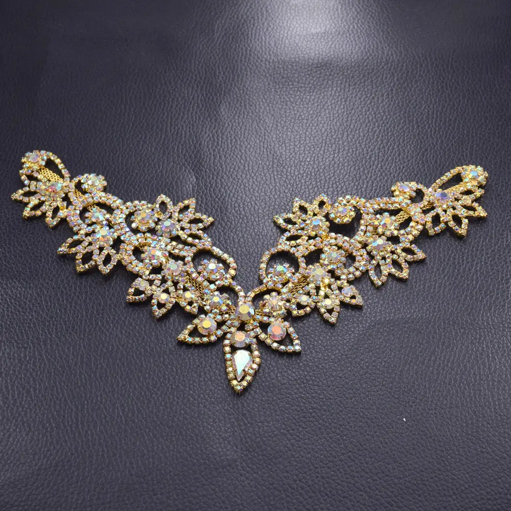 1pcs glass crystal Sewing rhinestone applique V neckline collar trim for women dress sew on