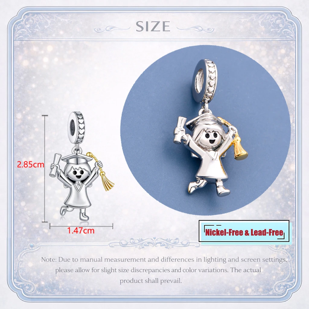  2026 Graduation Charm Beads Cap Diploma Student Pendant fit Pandora  Original Bracelet Necklace Women Gift Silver Plated Copper - view 4