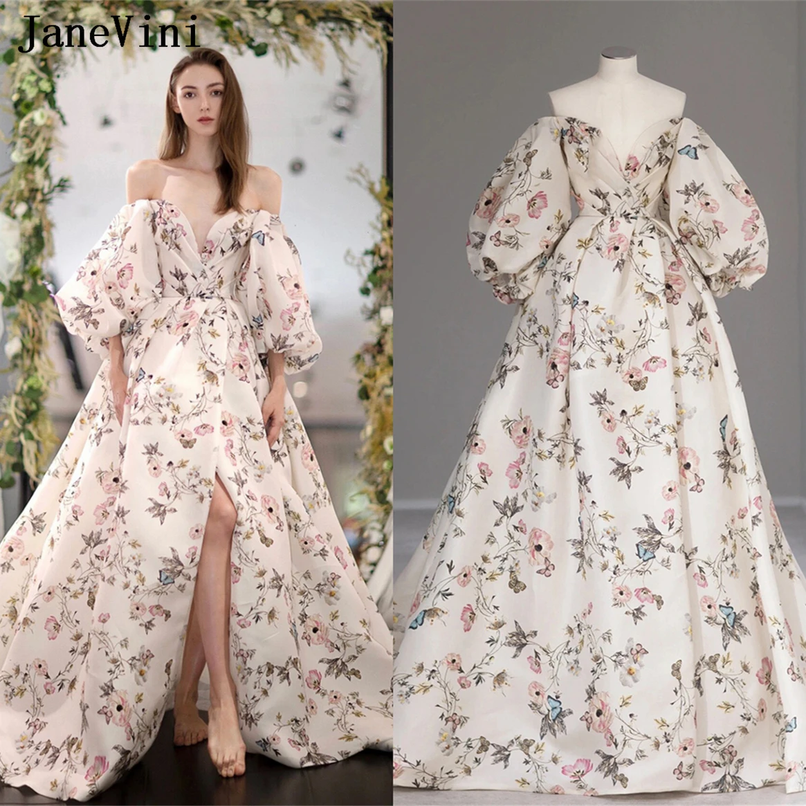 

JaneVini 2024 Spring Fairy Floral Long Train Bridesmaid Dresses Puff Sleeve Sexy Slit Women Evening Prom Party Gowns Feestjurken