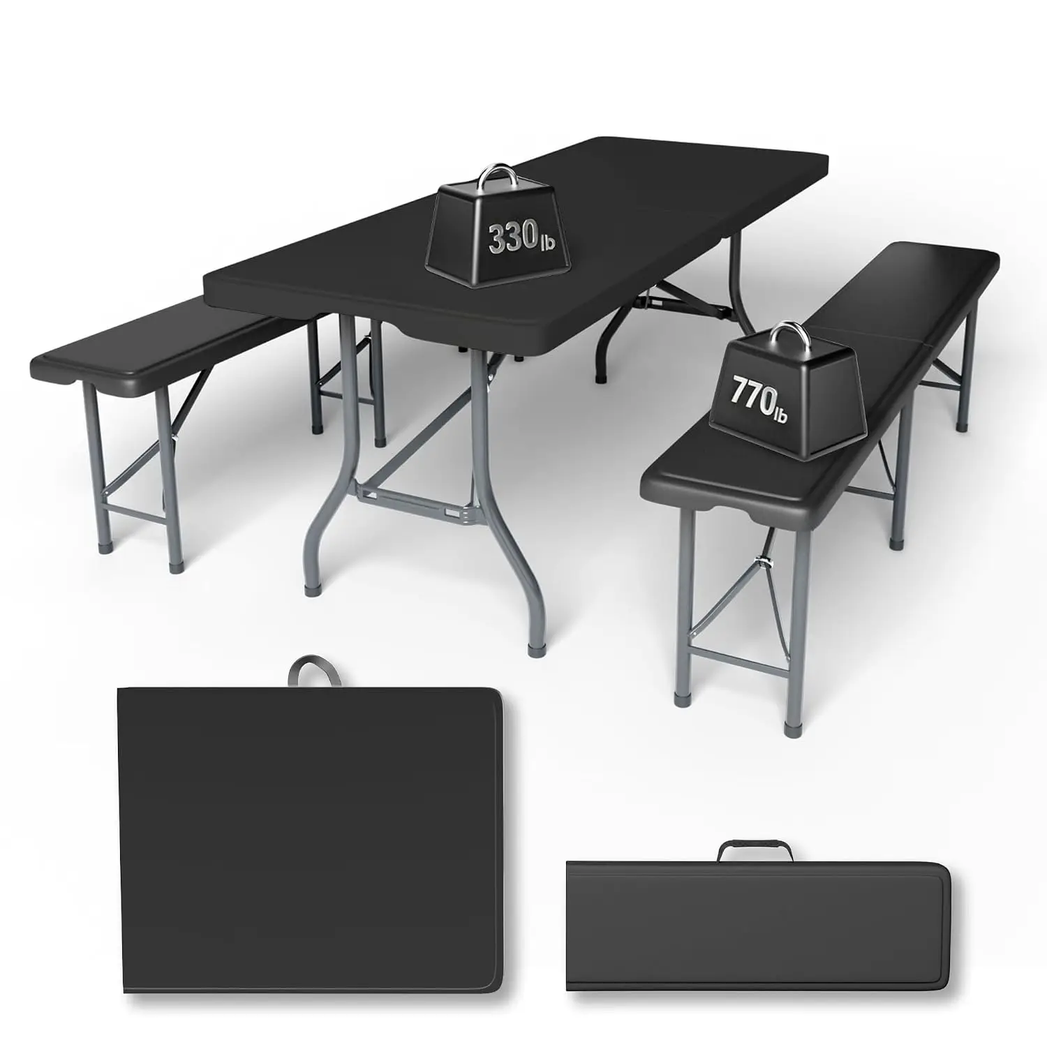 6FT Folding Table Set with 2 Folding Benches, Heavy-Duty HDPE Construction, Secure Locking Design, 3-Piece Portable Set for Camp