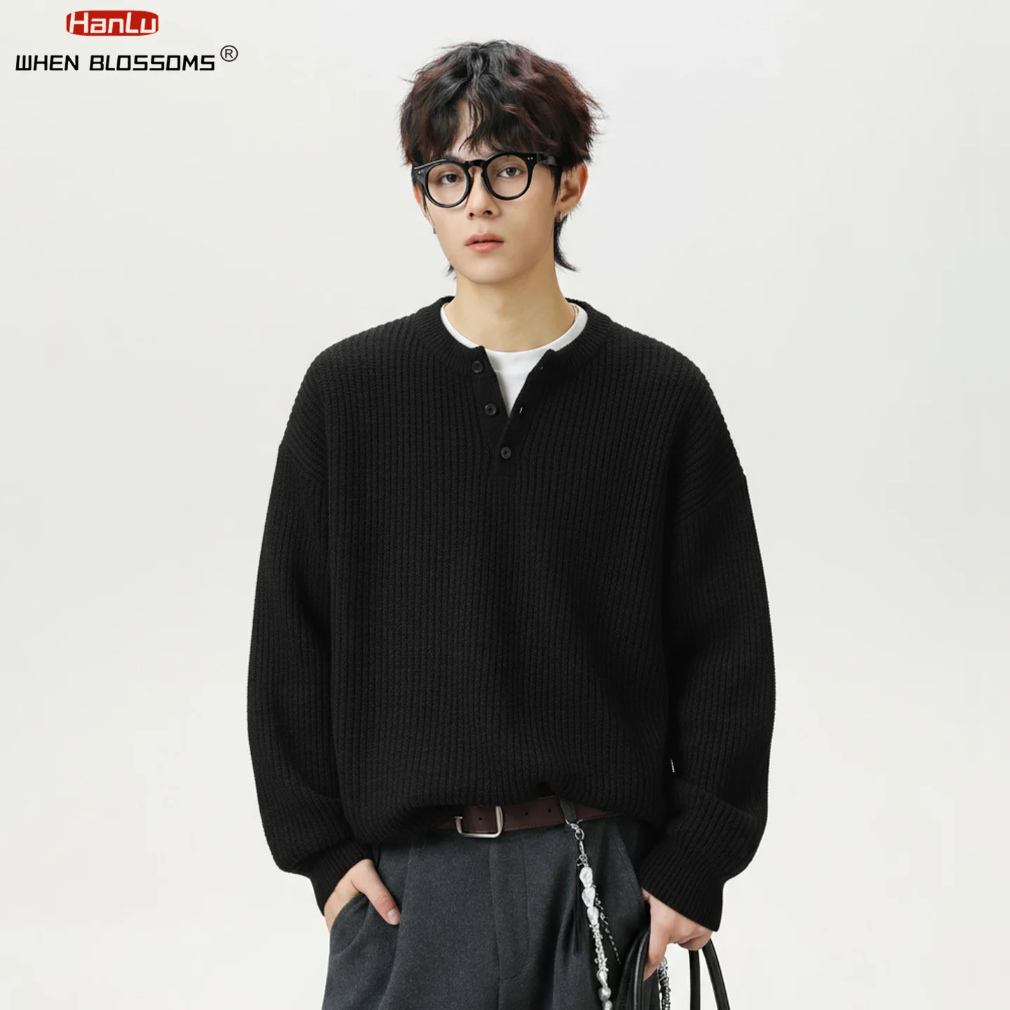 HANLU 2025 Men's Vintage Henley Neck Knit Sweater Heavyweight Textured Pullover Winter Thermal Crewneck Top