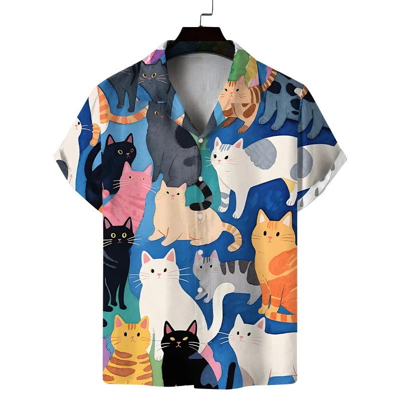 New men's short summer shirt with cat pattern design, casual commuting, fashionable and versatile, breathable and soft