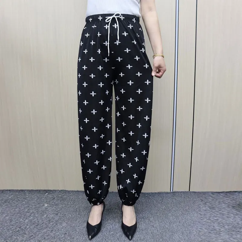 Summer Thin Loose Bloomers Trousers Female Clothing Casual Printed High Waist Elastic Stylish Drawstring Commute Vintage Pants