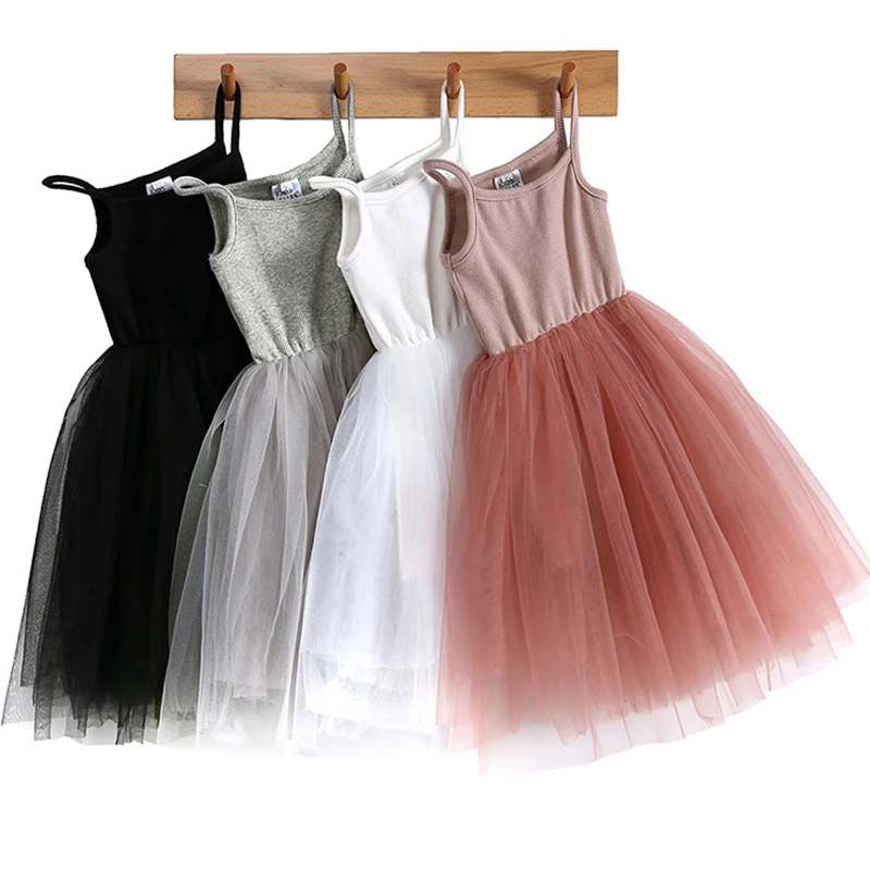 Summer Kids Baby Girls Pure Color Tulle Dresses Girls Lace Suspenders Kids Girls Dress Princess Dress Ballet Costume 1-7Yrs