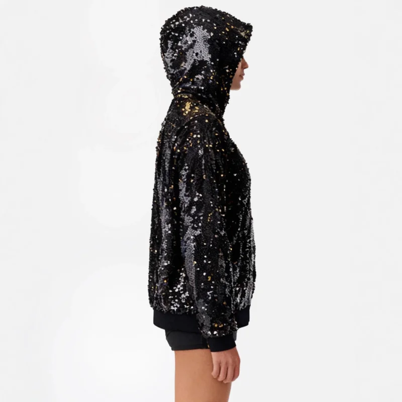 Casual sequin top, multi-color sequin long-sleeve baseball jacket with hood