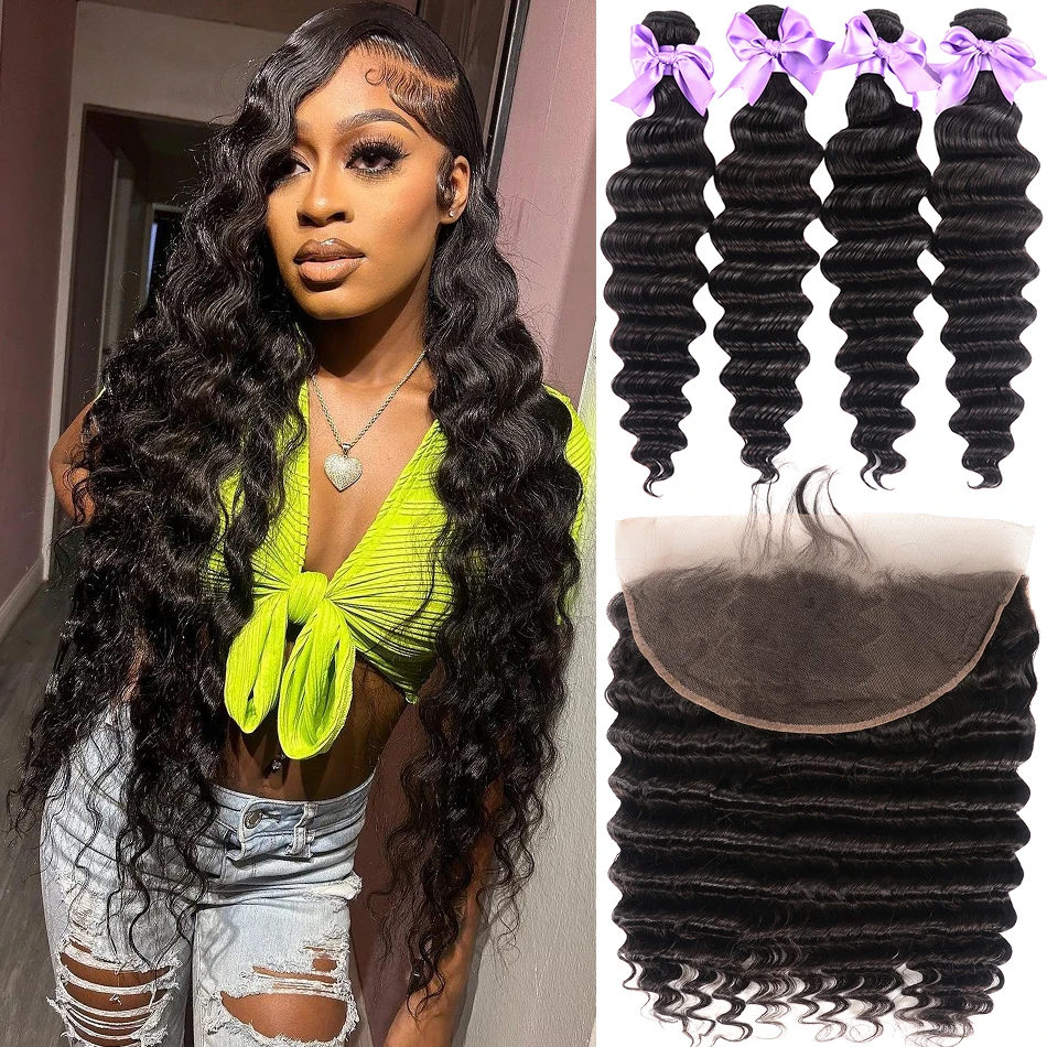 Loose Deep Wave Bundles With Frontal Indian 100% Human Hair Pre-Plucked 13x4 Lace Frontal With 3 Bundles Loose 4x4 Closure