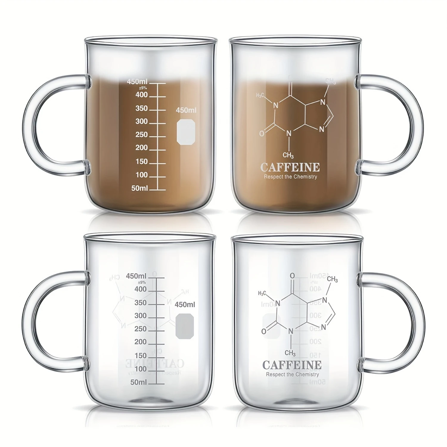 

4pcs, Glass Cup With Caffeine Pattern, 15.22oz High Borosilicate Glass Water Cup With Handle, Iced Coffee Cups, Drinking Glasses