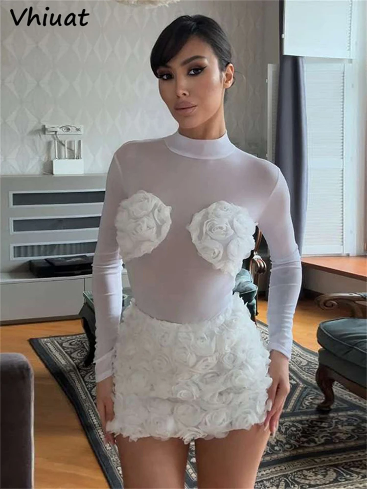 

Vhiuat Flower Long Sleeve Bodysuit Tops And High Waist Mini Skirt 2 Piece Sets Summer Mesh New Dress Outfits Party Matching Set