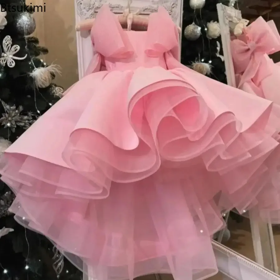 2026 Blumenmädchenkleid, erstes Weihnachtskleid, Hochzeit, Brautjungfernkleid, rosa, gerüschtes Tüll-Partykleid für Mädchen, formelle Anlässe