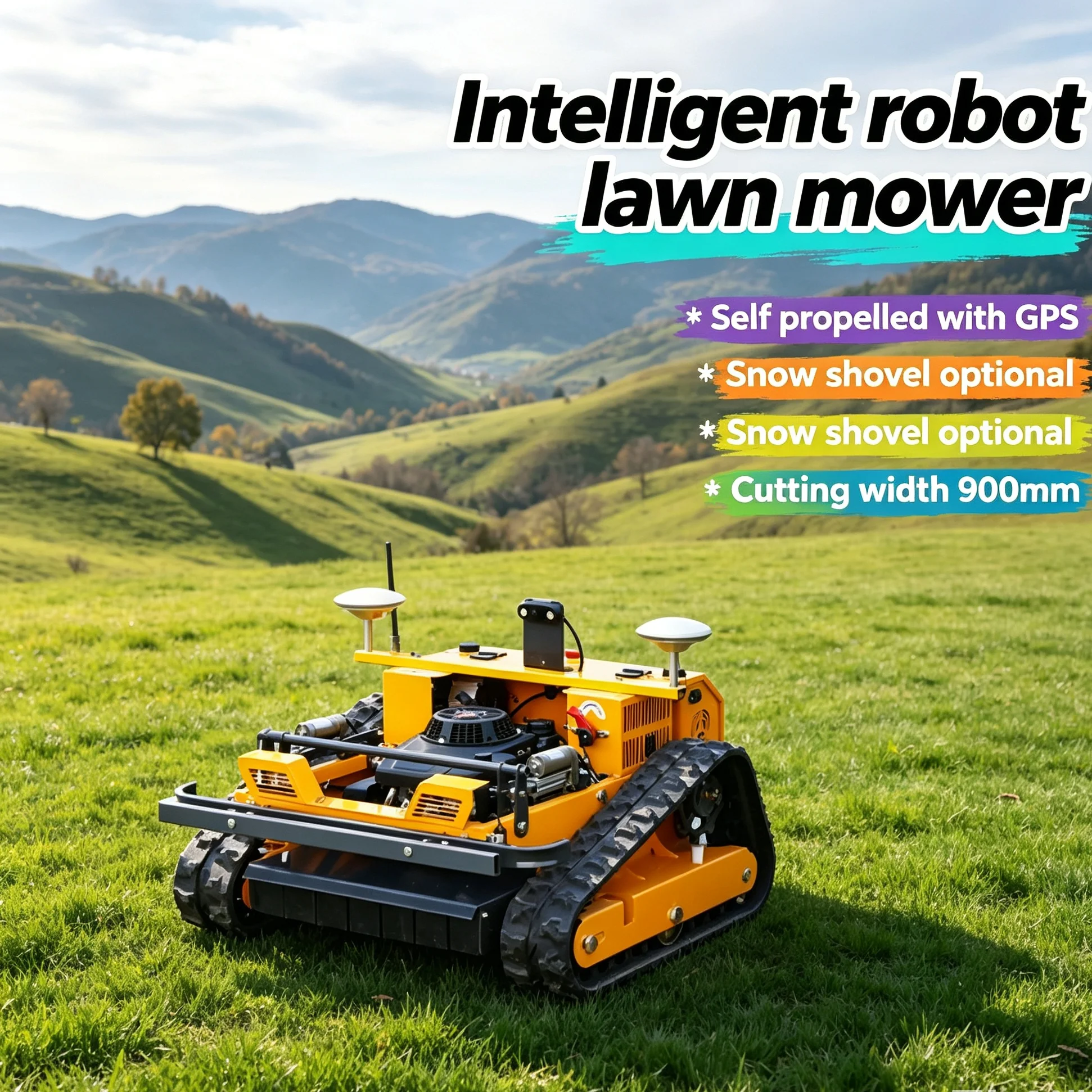 Customized wireless 4-stroke 550 lawn mower equips detachable snow shovel, solid crawler chassis runs smoothly on rough orchard