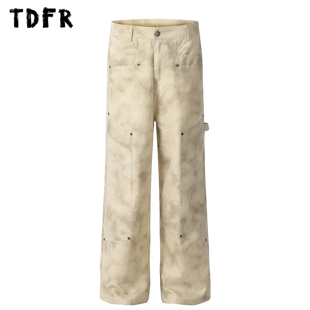 Camouflage Carpenter Pant Mens Pocket Spliced Retro Safari Style Straight Wide Leg Pocket Cargo Trousers Men