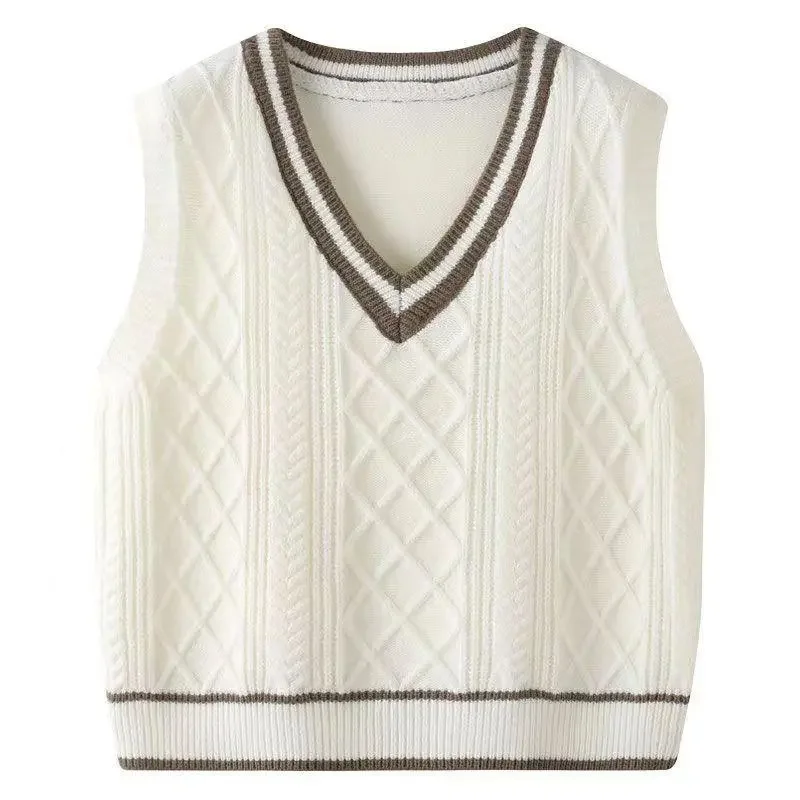 2024 Autumn Good Quality Womens Plus Size Sweater Vest Casual Clothing V-Neck Preppy Style Contrast Color Knitted Jumpers